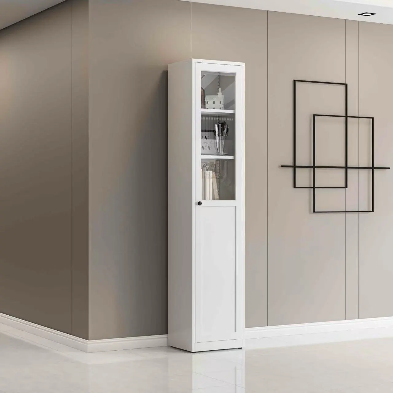 Narrow-framed glass bookcase