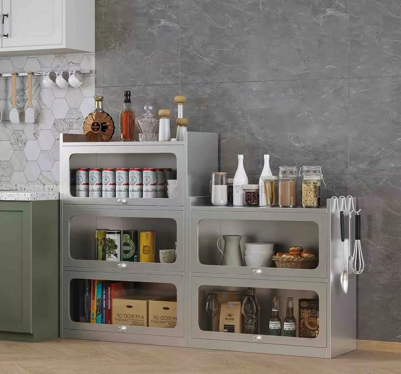 Stainless steel 3-door flip-top cabinet+Sence Image Stainless steel 3-door flip-top cabinet+Sence Image