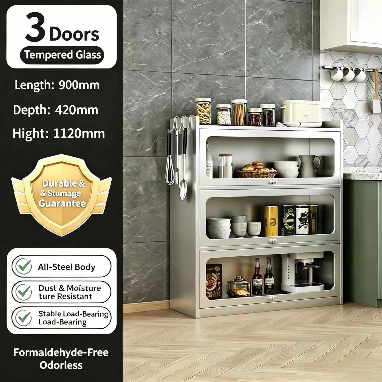 Stainless steel 3-door flip-top cabinet+Details Stainless steel 3-door flip-top cabinet+Details