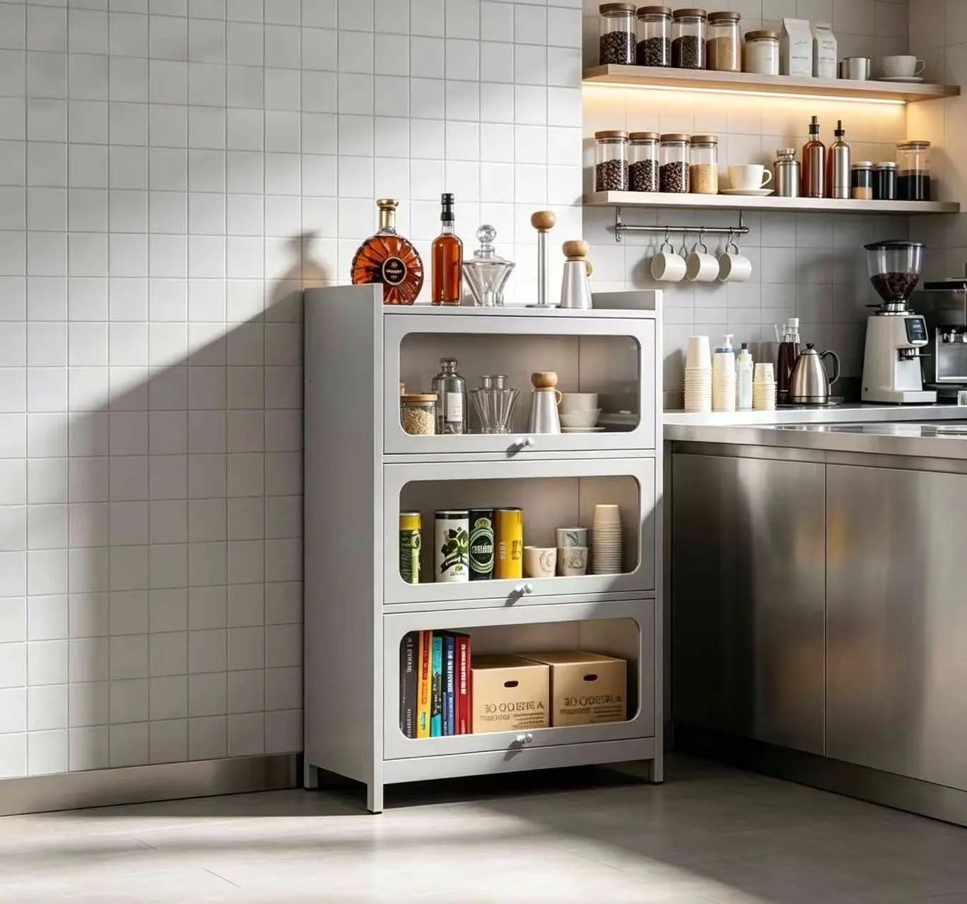 Stainless steel 3-door flip-top cabinet+Sence Image Stainless steel 3-door flip-top cabinet+Sence Image