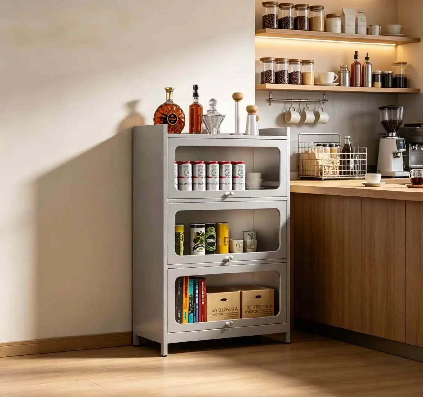 Stainless steel 3-door flip-top cabinet+Sence Image Stainless steel 3-door flip-top cabinet+Sence Image